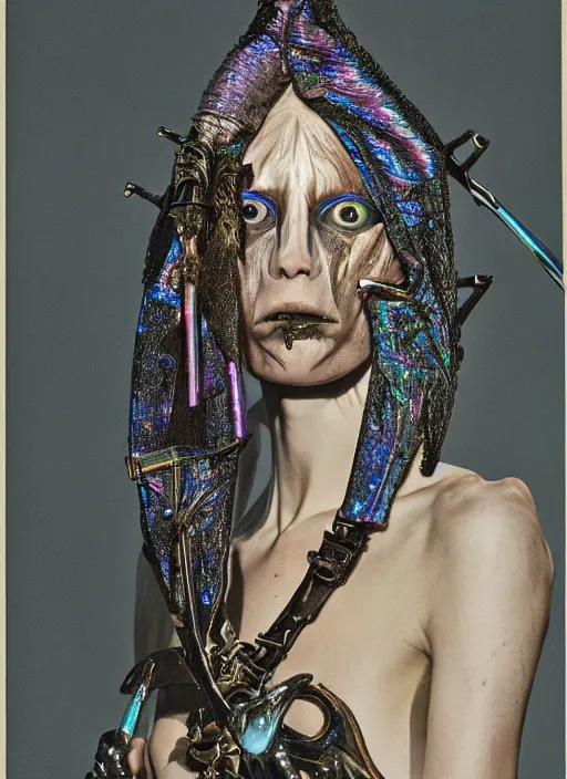 Image similar to a woman with iridescent skin, pirate weapons, by van herpen, iris