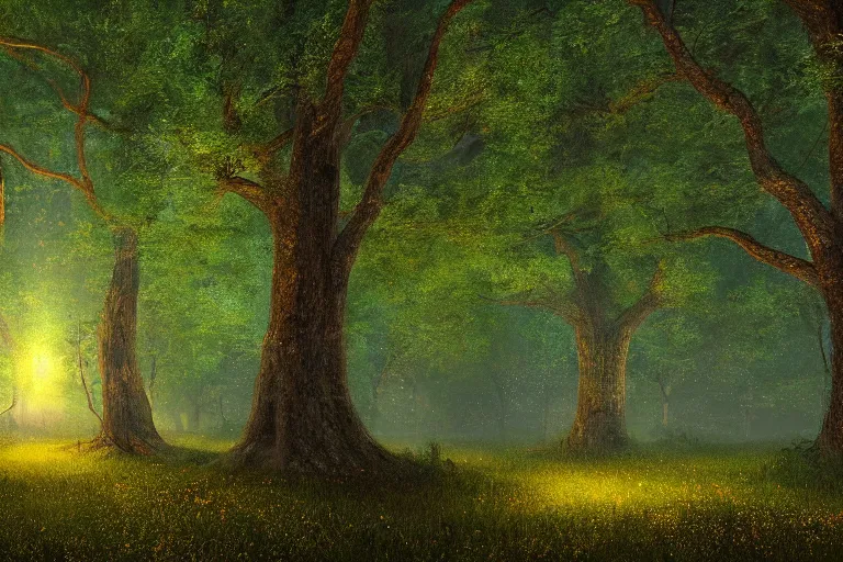 Image similar to masterpiece painting, fireflies cloud illuminating an old antic oak forest at night, spiral movement, peaceful scene, light fog, 8 k octane render, atmospheric effects, by jean hugo, motion blur, artstation, deviantart