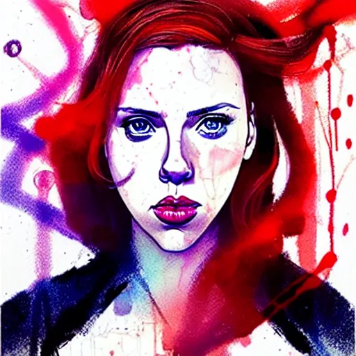 Image similar to phil noto, pretty scarlett johansson black widow, symmetrical eyes, long red hair, full body, city rooftop by agnes cecile, very luminous design, pastel colours, ink drips, autumn lights