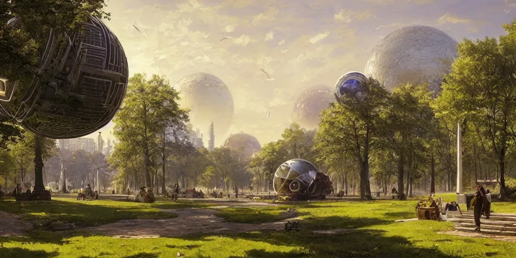 Prompt: a solarpunk city and park with a glorious spherical sci-fi building at its centre, bright and sunny day, Greg Rutkowski and Ivan Shishkin