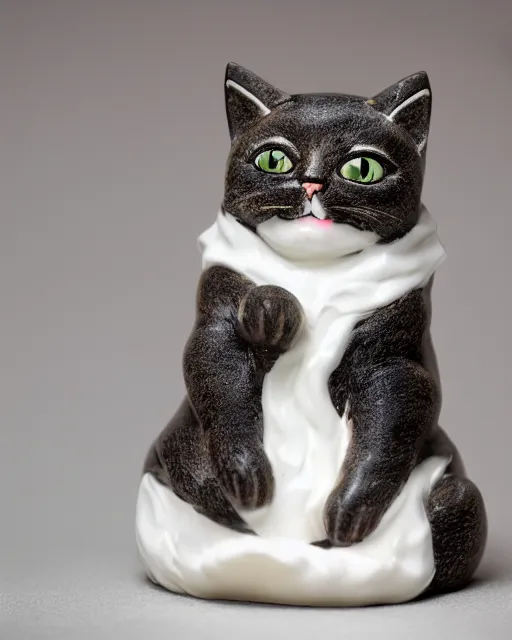 Prompt: high quality presentation photo of a detailed porcelain figurine of a cute cat, photography 4k, f1.8 anamorphic, bokeh, 4k, Canon, Nikon