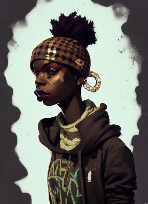 Prompt: highly detailed portrait of a sewer punk african american lady, tartan hoody, white afro hair by atey ghailan, by greg rutkowski, by greg tocchini, by james gilleard, by joe fenton, by kaethe butcher, gradient cyan, brown, blonde cream and white color scheme, grunge aesthetic!!! ( ( graffiti tag wall background ) )