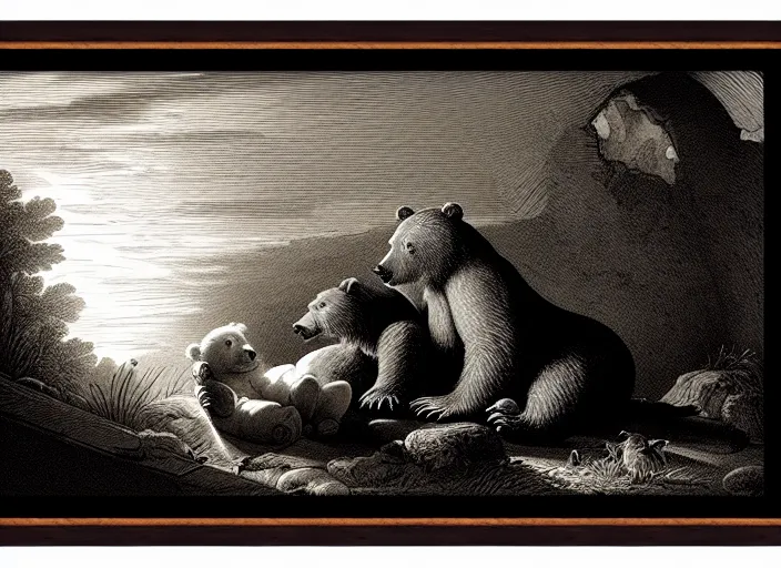 Image similar to Pieter Claesz's 'a bear and her cub sleeping in a dark cave, lit by hole in roof', night time, cross hatching, backlit, beautiful wooden frame, monochrome, colours of the sunset