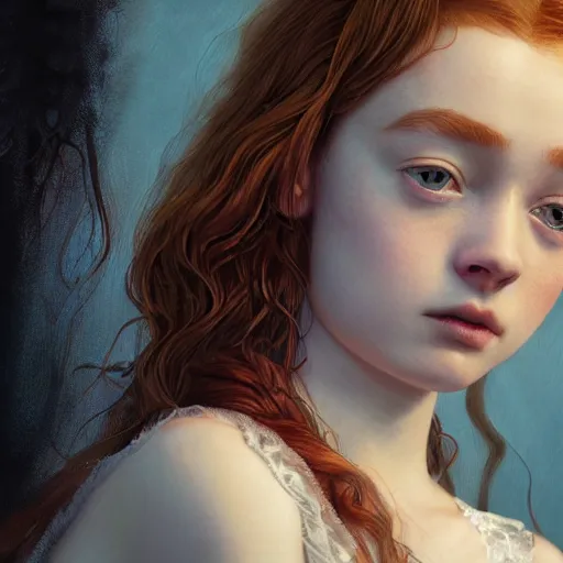 Image similar to sadie sink bitches brew, absurdly beautiful, elegant, young sensual graceful, ultrafine hyperrealistic detailed face illustration by kim jung gi, irakli nadar, sharp focus, saturated colors, octopath traveler, final fantasy, unreal engine highly rendered, global illumination, radiant light, intricate environment