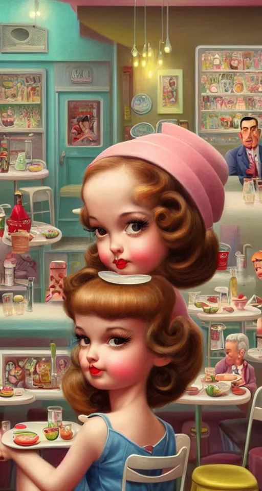 Image similar to closeup profile portrait of a 1 9 5 0 s diner, nicoletta ceccoli, mark ryden, lostfish, max fleischer, hyper realistic, artstation, illustration, digital paint, matte paint, vivid colors, bright, cheerful, detailed and intricate environment