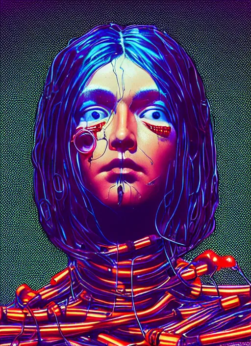 Prompt: extreme long shot, kodachrome, melting face, cyberpunk 2 0 y. o model girl, black reflect robe, wrapped in wires and piones, clear blue sky vintage style, looking straight ahead, in the style of yayoi kusama, lineart, artstation
