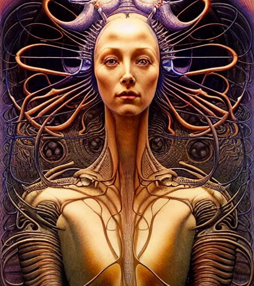 Prompt: detailed realistic beautiful young cher alien robot as queen of mars portrait by jean delville, gustave dore and marco mazzoni, art nouveau, symbolist, visionary, fractal baroque. horizontal symmetry by zdzisław beksinski, iris van herpen, raymond swanland and alphonse mucha. highly detailed, hyper - real, beautiful