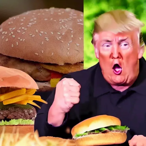 Image similar to trail cam footage of obese Donald Trump eating a burger