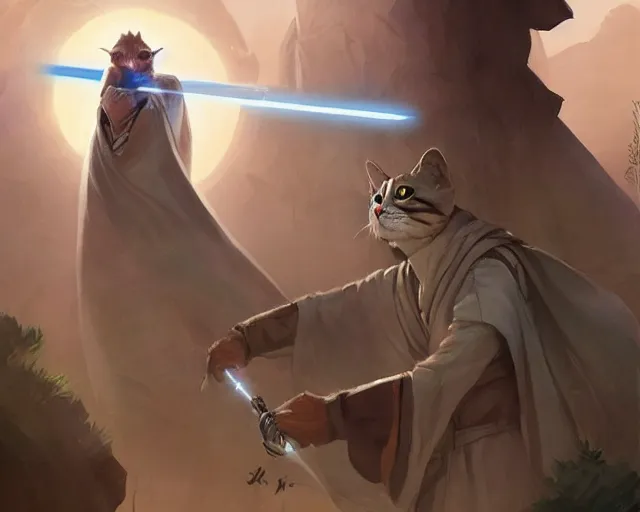 Image similar to Jedi cat order, anime, a fantasy digital painting by Greg Rutkowski and James Gurney, trending on Artstation, highly detailed