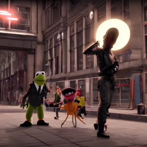 Image similar to a still of from the movie the muppet movie crossover with the game deus ex : mankind divided