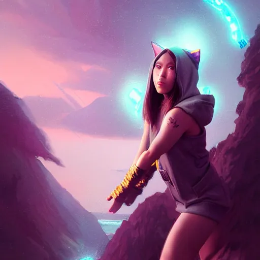 Image similar to feminine dwayne johnson in cat hoodie by ross tran, walking in a castle painted by sana takeda, rtx reflections, very high intricate details, digital anime art, medium shot, mid - shot, composition by ilya kuvshinov, lighting by greg rutkowski