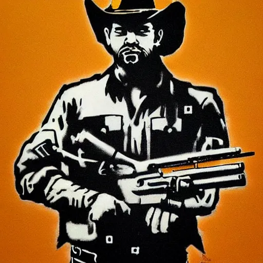 Image similar to heavily armed cowboy, drawn by banksy