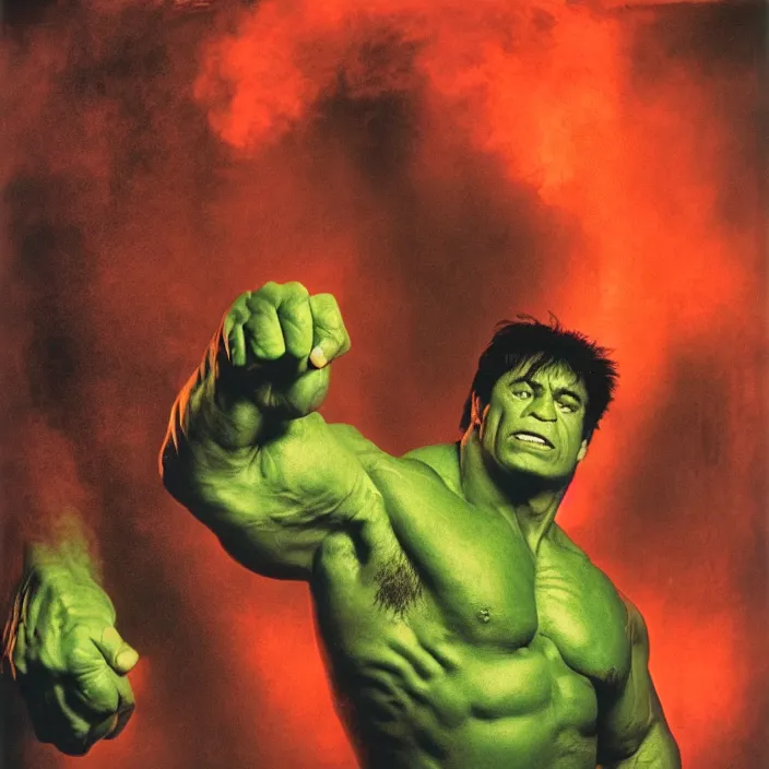 Image similar to a color photo portrait of the incredible hulk looking angry in new york city by richard avedon dramatic lighting.