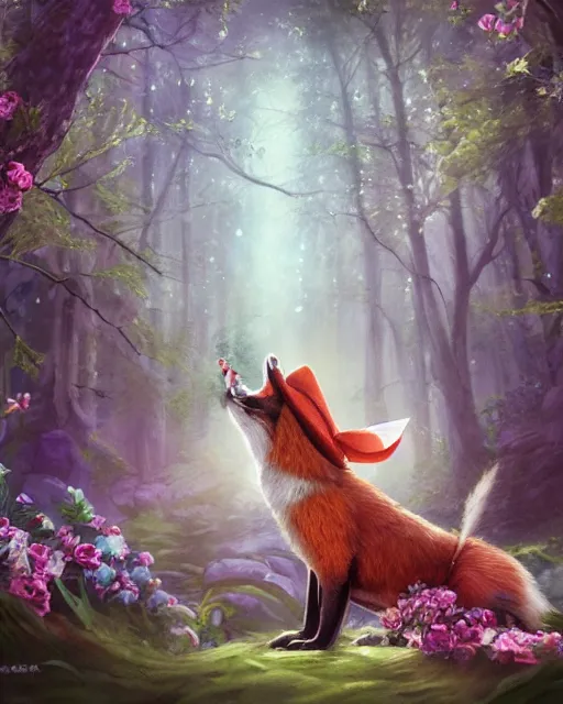 Image similar to Fox playing Flute in magical forest, portrait, wearing hat, magical notes, flowers, flower dress, birds, fairy atmosphere, magic the gathering artwork, D&D, fantasy, cinematic lighting, centered, symmetrical, highly detailed, digital painting, artstation, concept art, smooth, sharp focus, illustration, volumetric lighting, epic Composition, 8k, art by Akihiko Yoshida and Greg Rutkowski and Craig Mullins, oil painting, cgsociety