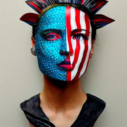 Image similar to a beautiful portrait sculpture designed by Sandra Chevrier, tribal head dress, American stars and stripes on face