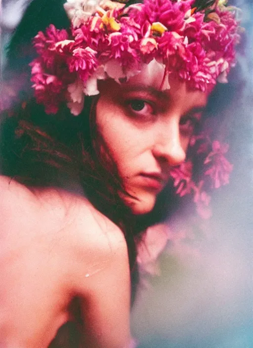 Prompt: extra close-up, color film photography, portrait of beautiful creature with flowers in heads, in style of nan goldin, 35mm, film photo