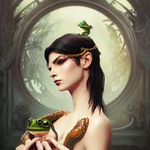 Image similar to attractive goth woman with a frog, intricate, highly detailed, digital painting, artstation, concept art, smooth, sharp focus, illustration, unreal engine 5, 8 k, art by artgerm and greg rutkowski and alphonse mucha