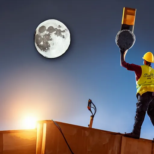 Image similar to two construction workers removing the moon from the sky