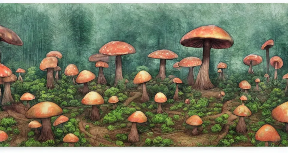 Image similar to A tribal village in a forest of giant mushrooms, by Esao Andrew