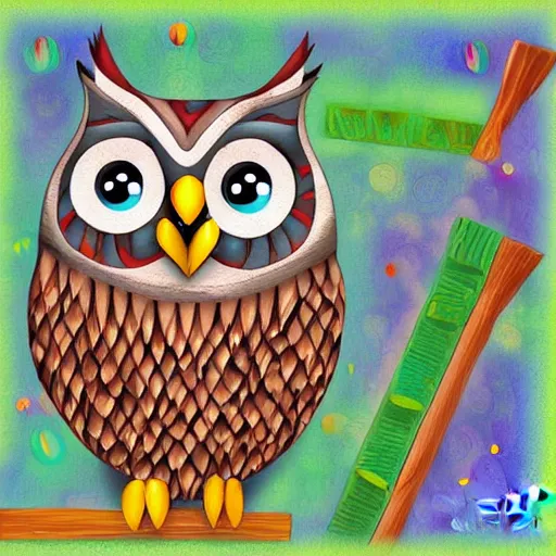 Image similar to owl playing panpipe, digital art