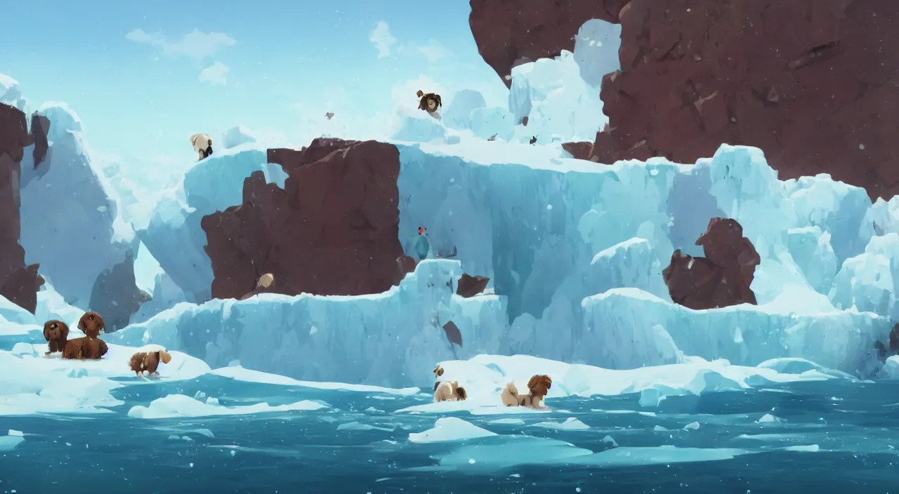 Prompt: havanese dogs rescuing arctic explorers at the edge of an ice cliff, 1 9 0 0, tartakovsky, atey ghailan, goro fujita, studio ghibli, rim light, scary, afternoon lighting, clear focus, very coherent