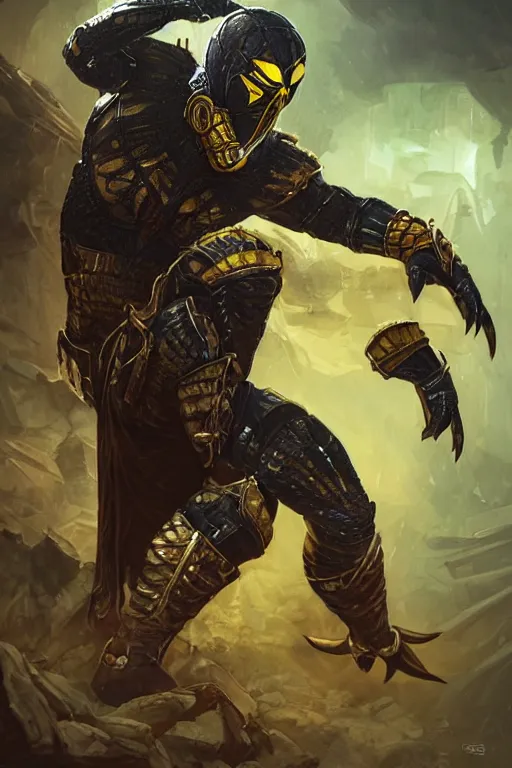 Image similar to ultra realistic illustration, scorpion from mortal kombat dressed like a wakandan warrior, hacknaut cyberpunk, sci - fi, fantasy, intricate, elegant, highly detailed, digital painting, artstation, concept art, smooth, sharp focus, illustration, art by artgerm and greg rutkowski and alphonse mucha