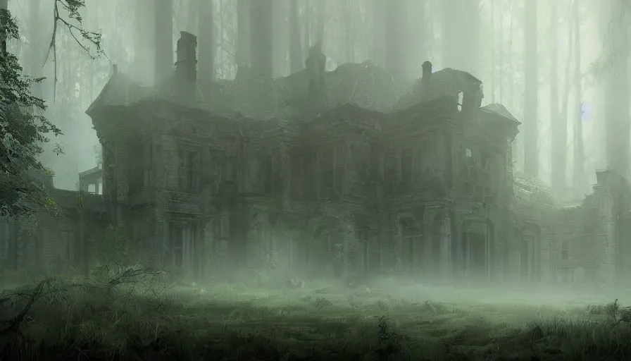 Prompt: Big dilapidated manor in the heart of a huge and dark forest with a light mist, hyperdetailed, artstation, cgsociety, 8k