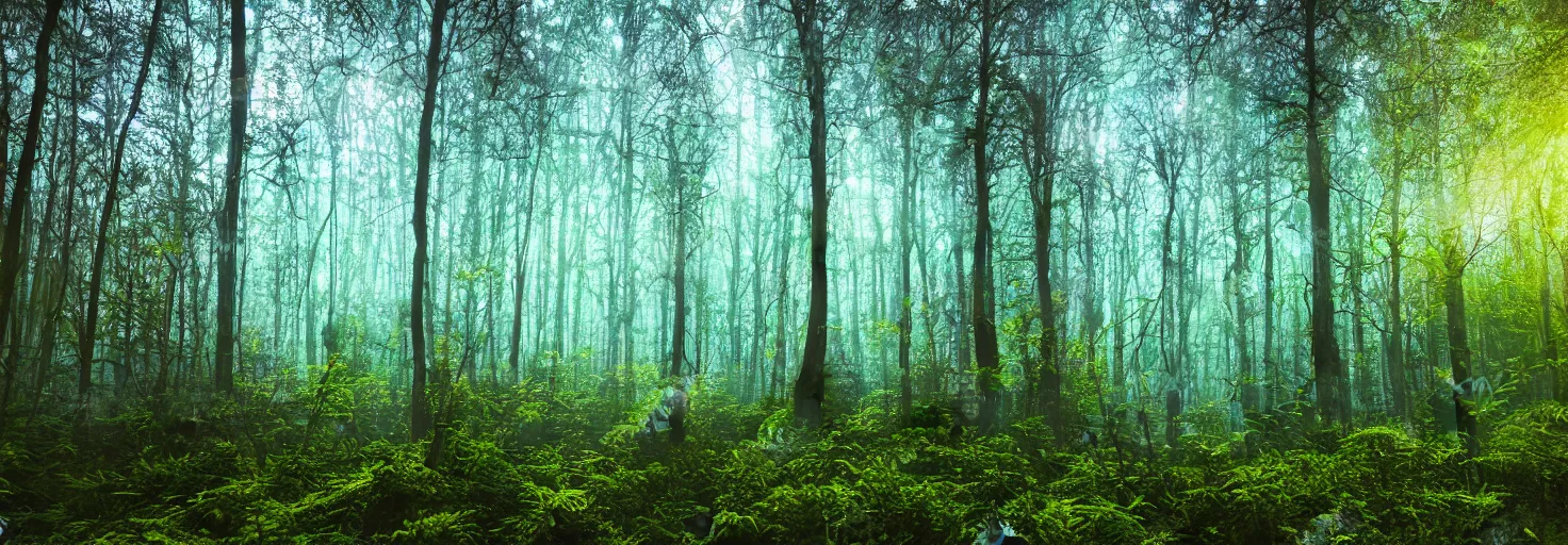 Image similar to a forest with glowing plants, magical, starts visible in the sky, wide shot, dramatic lighting