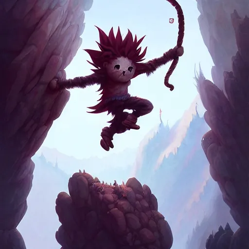 Image similar to cinematic painting of tomba!!!!!!!!!!!!!!!!! climbing a windy mountain, by alvaro castagnet, peter mohrbacher and dan mumford