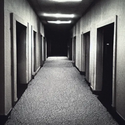 Image similar to flash low quality photograph of the backrooms, mustard - yellow old moldy moist carpet room, empty liminal space, very dark shadows, broken fluorescent lighting, horror movie scene, film grain