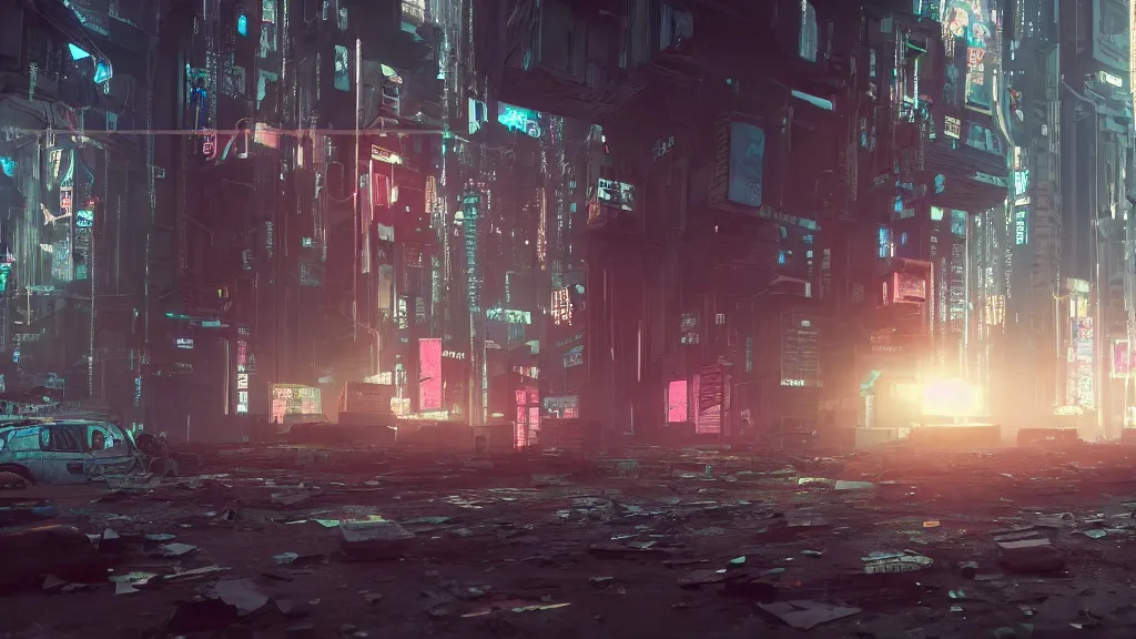 Image similar to exploring an abandoned, cyberpunk city, made in blender, octane render, cinematic, volumetric lighting, futuristic,, hyperrealistic, highly detailed, colourful 4 k hd