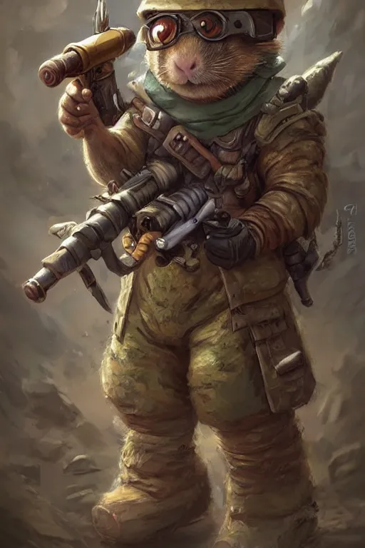 Prompt: cute little anthropomorphic Guinea Pig Soldier wielding a rocket launcher, tiny, small, short, pixelated army camouflage, cute and adorable, pretty, beautiful, DnD character art portrait, matte fantasy painting, DeviantArt Artstation, by Jason Felix by Steve Argyle by Tyler Jacobson by Peter Mohrbacher, cinematic lighting
