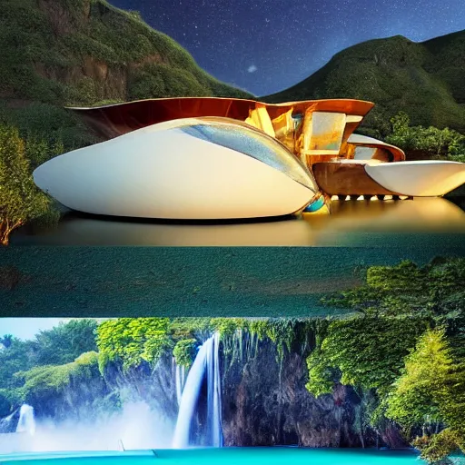 Image similar to a futuristic modern house, on a floating rock island, alien planet covered in water, multiple waterfalls, multiple moons glowing, stars, frank gehry