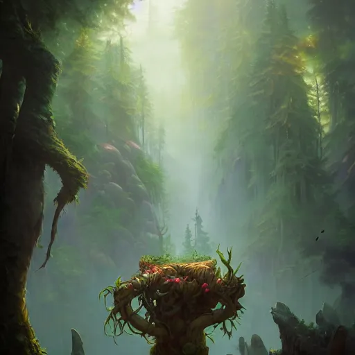 Image similar to beautiful hyperrealistic painting of a forest troll by peter mohrbacher, gigantic, octane render, brilliantly coloured, intricate, ultra wide angle, trending on artstation, dusk, volumetric lighting, polished, micro details, ray tracing, 8 k,