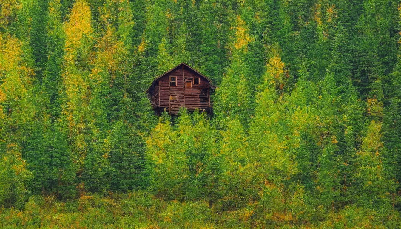 Image similar to a clearing in a forest with a cabin painted by Bob Ross