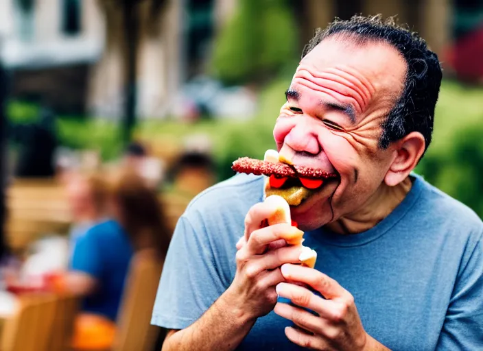 Prompt: photo of gilbert gottfried eating a hotdog, 8 k, 8 5 mm f 5. 6