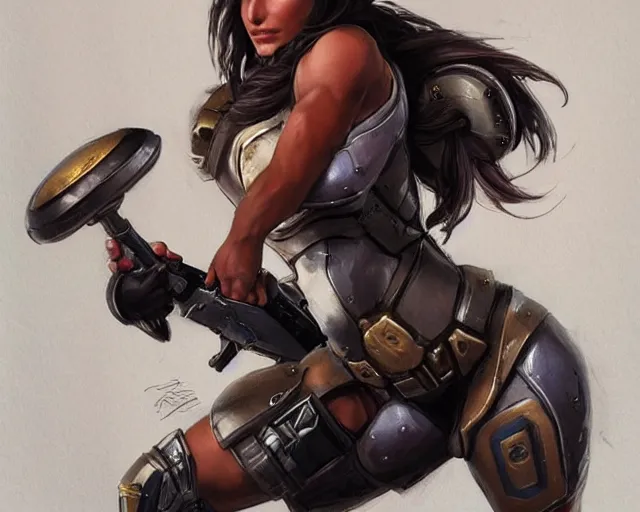 Prompt: portrait of pharah from overwatch as a beautiful female bodybuilder amazon with plump lips, elegant, fantasy, hd shot, digital portrait, beautiful, artstation, comic style, by artgerm, guy denning, jakub rozalski, magali villeneuve and charlie bowater