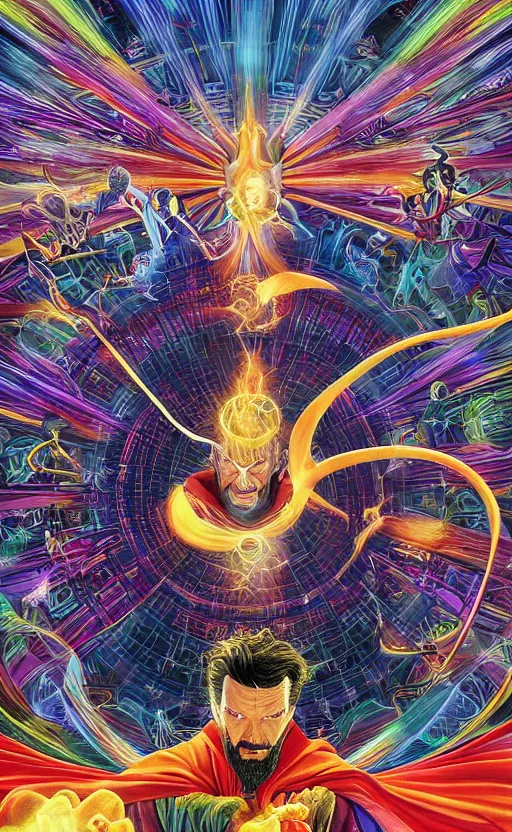 Prompt: hyper realistic third first image on the scattered absurdity server, dr strange and dr seuss, very pretty, portal hopping and time warping with reckless abandon, by alex grey