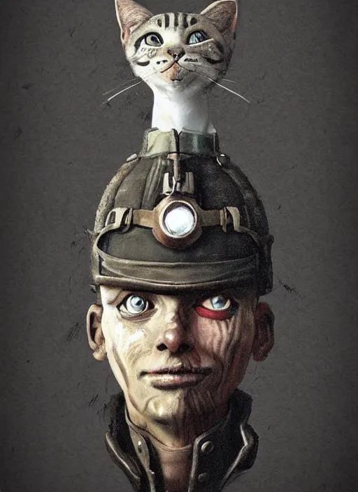 Image similar to a dieselpunk character portrait of an anthropomorphic cat soldier, by stephen gammell, by jack gaughan, by george ault, by victo ngai, 3 d render, cgsociety, artstation