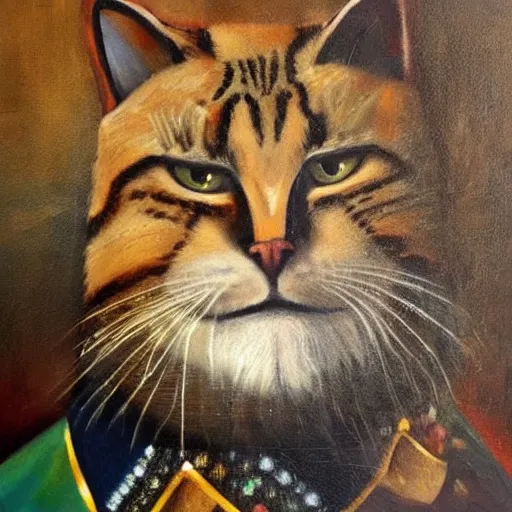 Prompt: oil in canvas of an old king cat