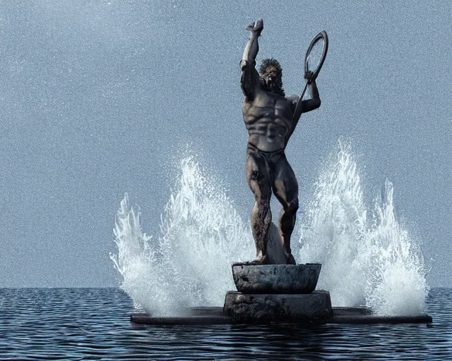 Prompt: a giant abstract sculpture of a legendary greek warrior god on the water, in the style of chad knight, award winning, cinematic, hyper - realistic, very detailed, realistic water splashes, ray tracing, 8 k resolution, long - shot, sharp focus, low angle, 8 5 mm photograph, wide lens