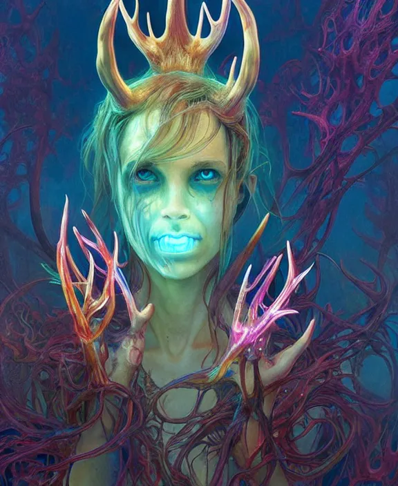 Image similar to filigreed colorful transparent portrait of a terrifying beautiful alien sea creature, antlers, mottled coloring, adorable, childlike, horror environment, ultra realistic, concept art, art nouveau, photorealistic, octane render, 8 k, unreal engine. art by christopher marley and artgerm and greg rutkowski and alphonse mucha