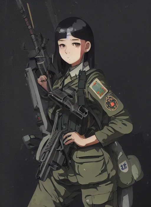 Image similar to portrait of cute soldier girl, black sky background urban landscape illustration concept art anime key visual trending pixiv fanbox by wlop and greg rutkowski and makoto shinkai and studio ghibli and kyoto animation soldier clothing military gear realistic anatomy mechanized german shepard