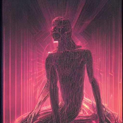 Image similar to an exhausted deity, contemplating existence, beyond the known universe, fine art, bokeh, omnidimensional, ocd, electroluminescent wire by wayne barlowe