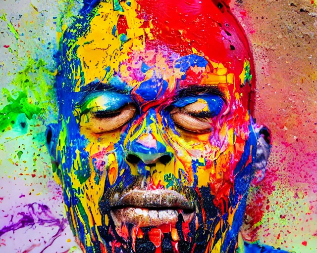 Image similar to abstract expressionist portrait of a head showing strong negative emotions painted with very thick impasto paint and acrylic pour and coloured powder explosion and splashing paint and dripping paint and flying paint chunks, eyes closed or not visible, teeth are not visible, dimmed realistic colours, motion blur, hyperrealistic, intricate art photography, anatomically correct, realistic crisp textures, 1 6 k