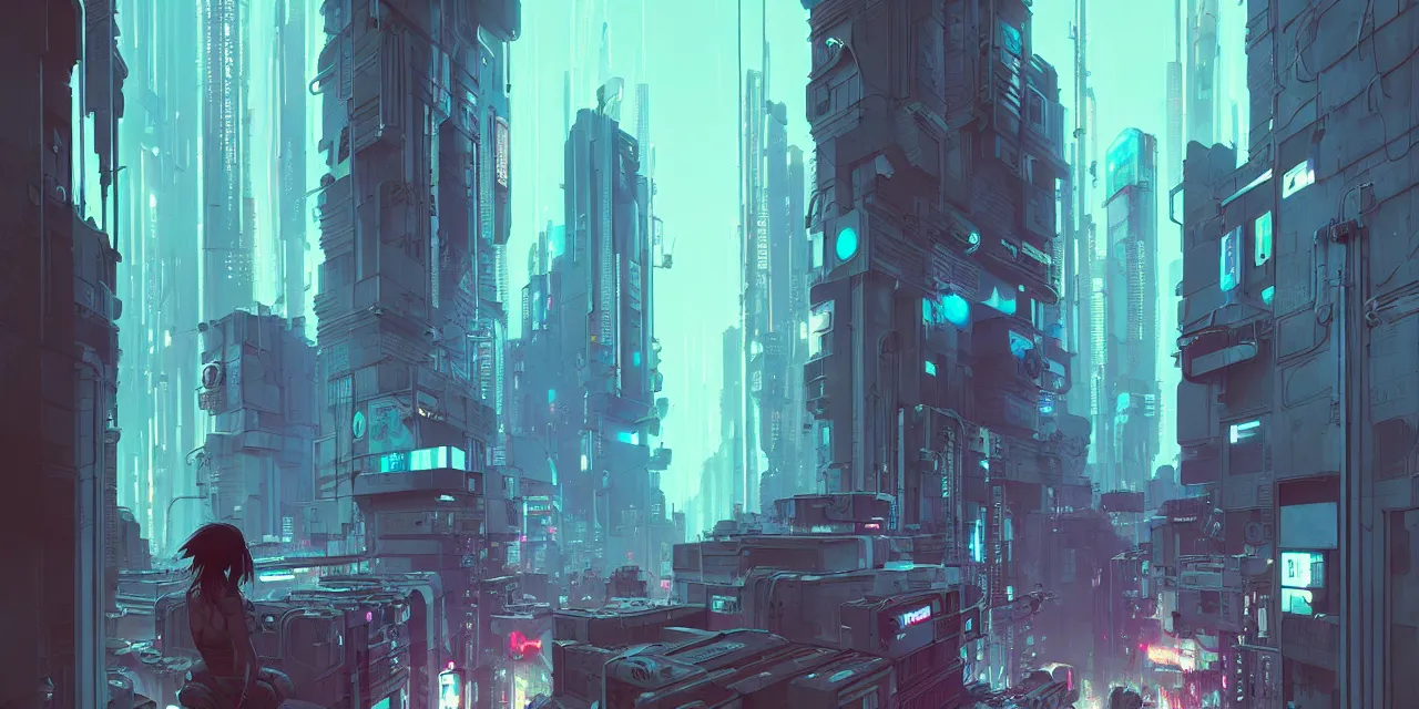 Prompt: cyberpunk synth, hyper - realistic detailed cyberpunk cityscape, by atey ghailan, by greg rutkowski, by greg tocchini, by james gilleard, by joe fenton, by kaethe butcher, dynamic lighting, gradient light blue, brown, blonde cream and white color scheme, grunge aesthetic