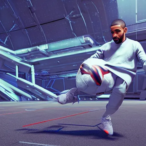 Prompt: Drake playing soccer on a spaceship. Hyper detailed, 8k, photography, realistic, octane render, unreal engine, ray traced