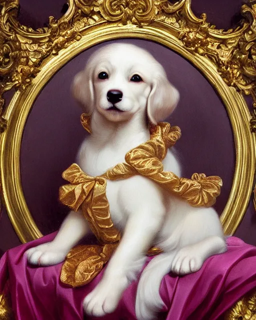 Prompt: big tower greg hildebrant fancy rococo baroque regal puppy oil painting high quality award winning clothed in fancy garb