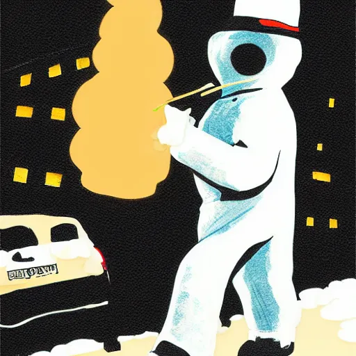 Image similar to the stay puff marshmallow man wearing timberland shoes and hat while smoking a joint and walking in new york city, digital art