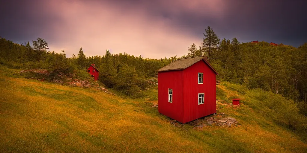 Image similar to stunning photo of landscape with an red cabin on a mountain by mikko lagerstedt